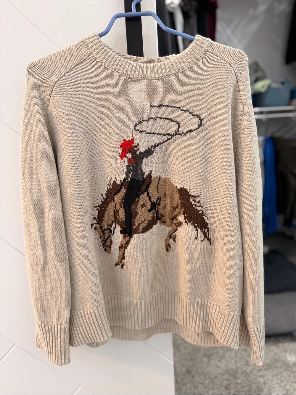 Abercrombie & Fitch Cream Crewneck Sweater with Cowboy Graphic size large